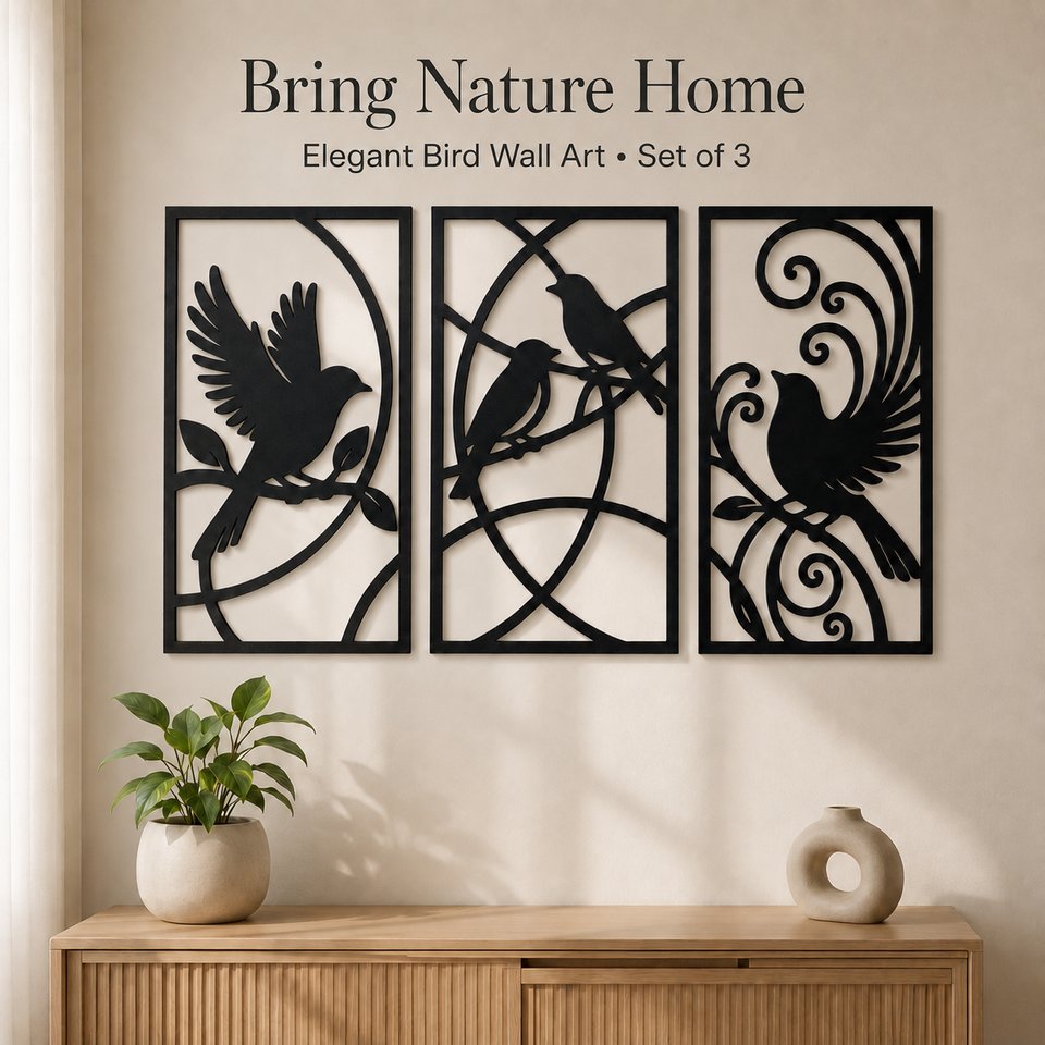 Torsivity Large Bird Wall Art Set of 3, Black MDF, 18 x 10.5 Inch Each main