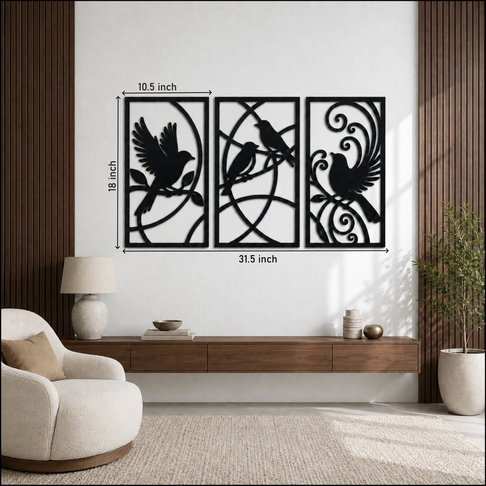 Torsivity Large Bird Wall Art Set of 3, Black MDF, 18 x 10.5 Inch Each a