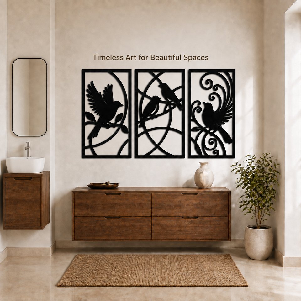 Torsivity Large Bird Wall Art Set of 3, Black MDF, 18 x 10.5 Inch Each above